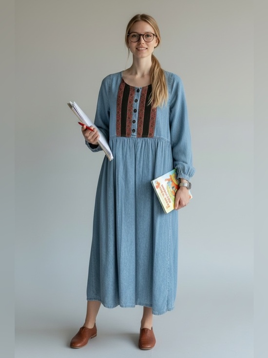 None Dresses & Skirts - Vintage School Teacher Denim Maxi Dress